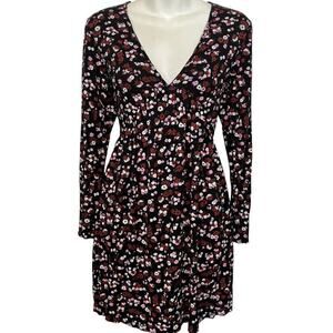 Wednesdays Girl Womens Black Purple Floral Babydoll Long Sleeve V-Neck Dress XS
